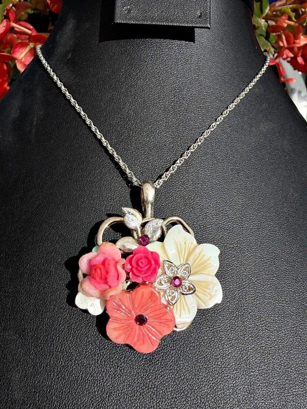 Pendant Necklace Carved Floral Bouquet Pink Coral White Silver Tone Rope Chain